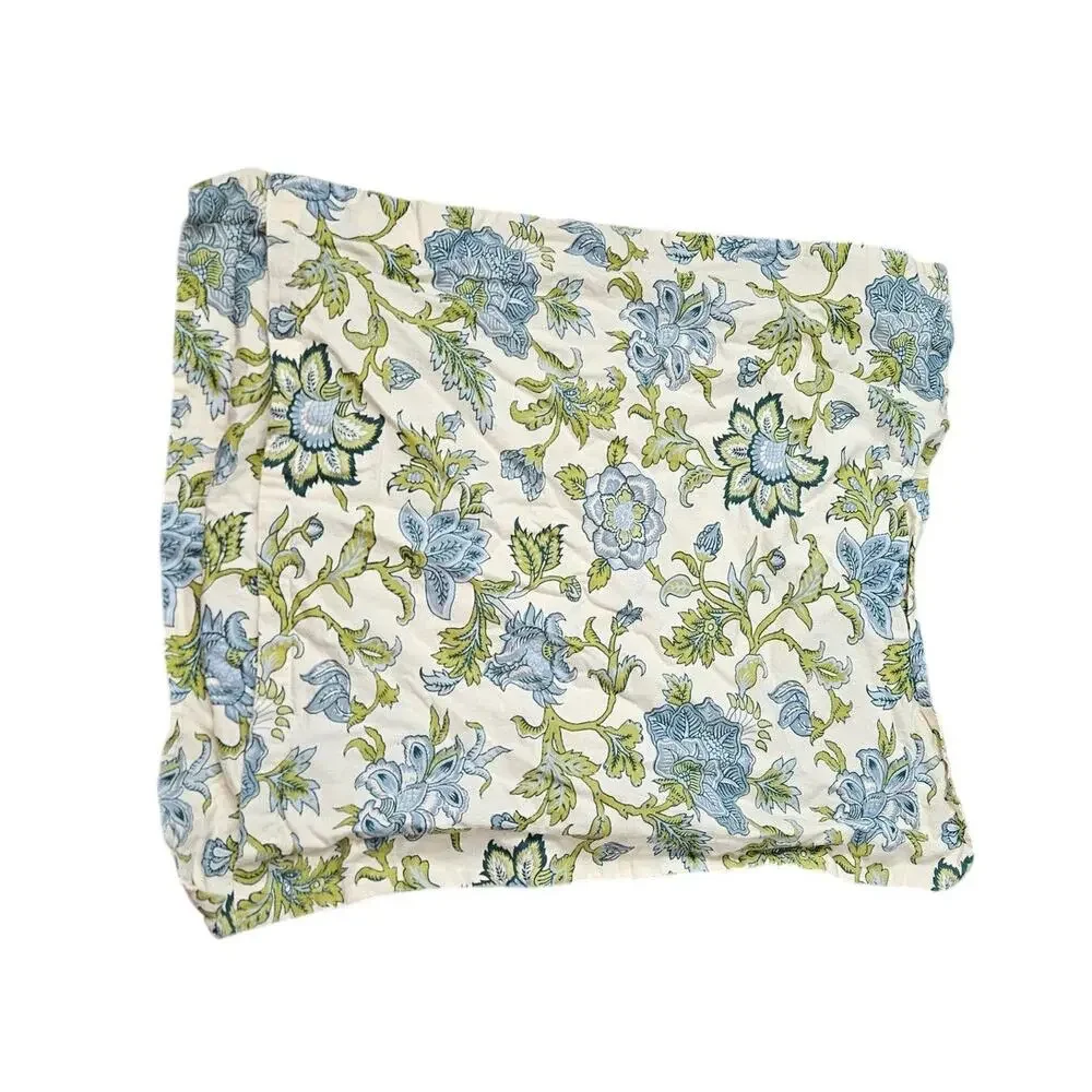 Pottery Barn Standard Pillow Cover Cotton Linen Blue Karala Flower Print India